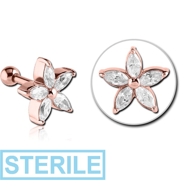 STERILE ROSE GOLD PVD COATED SURGICAL STEEL JEWELLED TRAGUS MICRO BARBELL - FLOWER