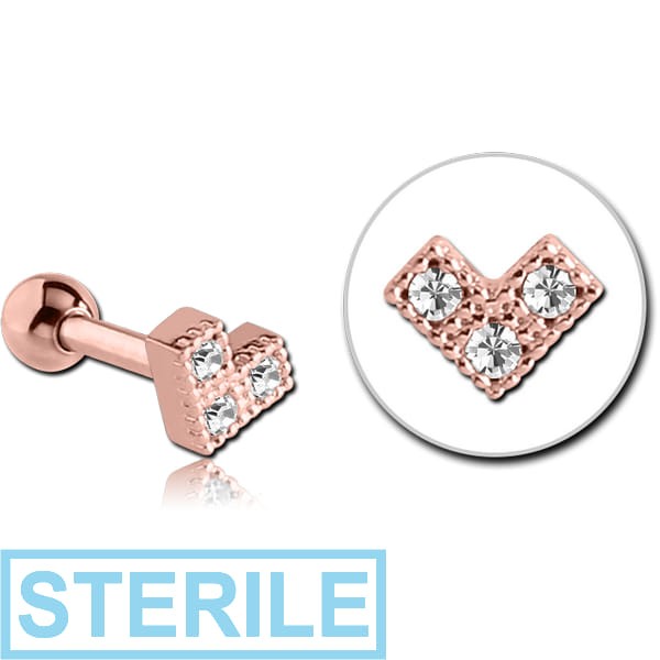 STERILE ROSE GOLD PVD COATED SURGICAL STEEL JEWELLED TRAGUS MICRO BARBELL - HEART V