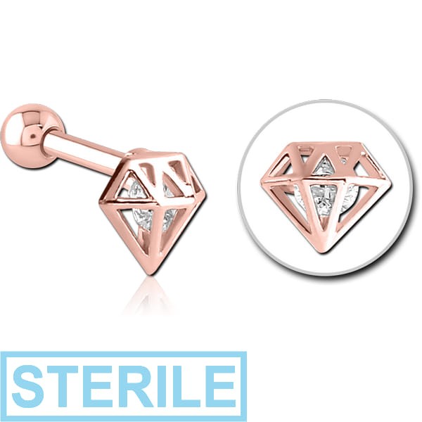 STERILE ROSE GOLD PVD COATED SURGICAL STEEL JEWELLED TRAGUS MICRO BARBELL - DIAMOND
