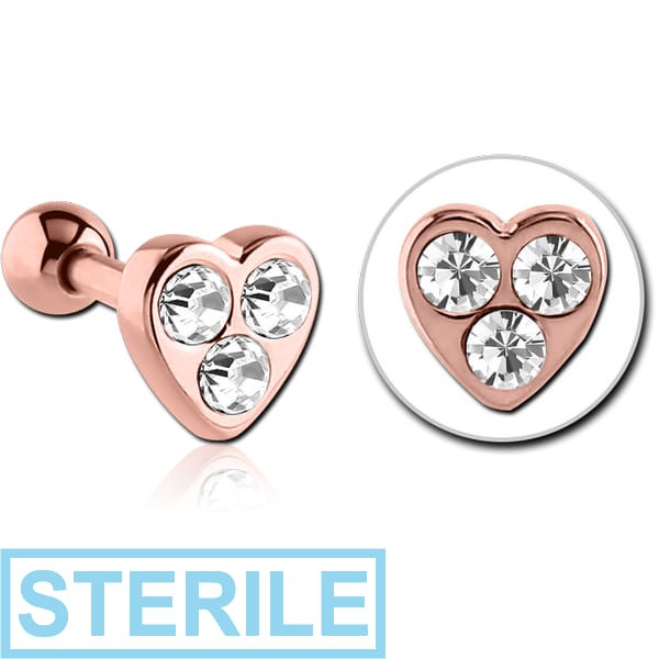 STERILE ROSE GOLD PVD COATED SURGICAL STEEL JEWELLED TRAGUS MICRO BARBELL - HEART
