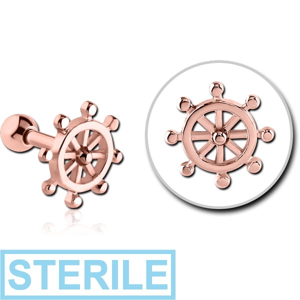 STERILE ROSE GOLD PVD COATED SURGICAL STEEL TRAGUS MICRO BARBELL - SHIP WHEEL