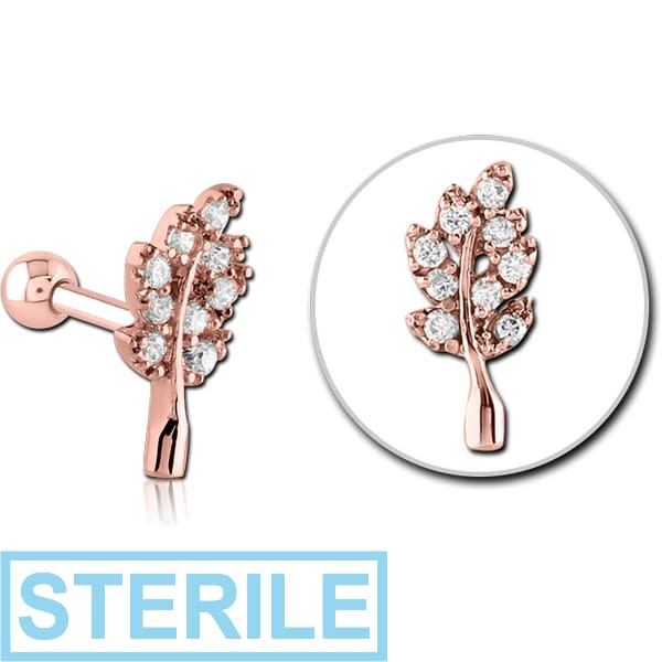 STERILE ROSE GOLD PVD COATED SURGICAL STEEL JEWELLED TRAGUS MICRO BARBELL - LEAF