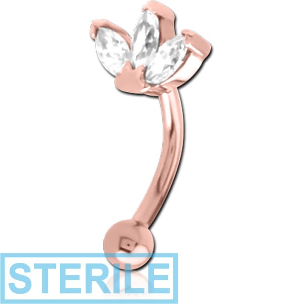 STERILE ROSE GOLD PVD COATED SURGICAL STEEL JEWELLED FANCY CURVED MICRO BARBELL - TRIPLE GEM CURVE