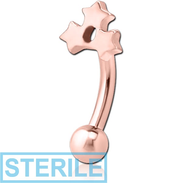 STERILE ROSE GOLD PVD COATED SURGICAL STEEL FANCY CURVED MICRO BARBELL- TRIPLE STAR