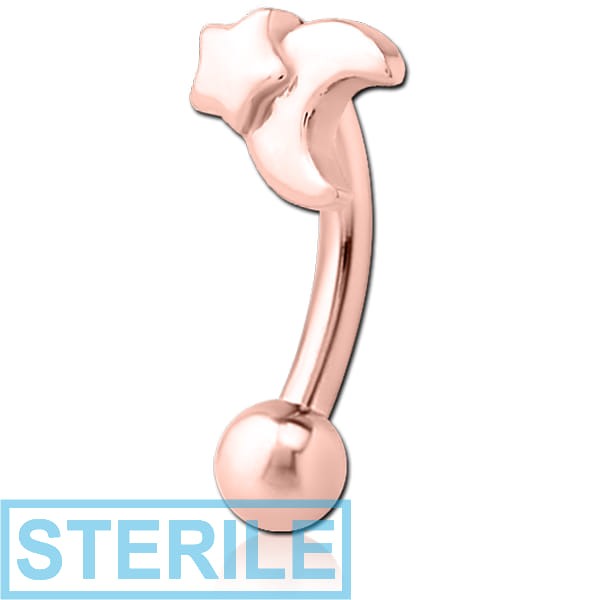 STERILE ROSE GOLD PVD COATED SURGICAL STEEL FANCY CURVED MICRO BARBELL - CRESCENT AND STAR