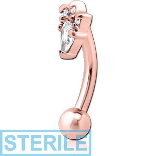 STERILE ROSE GOLD PVD COATED SURGICAL STEEL JEWELLED FANCY CURVED MICRO BARBELL - JESTER HAT