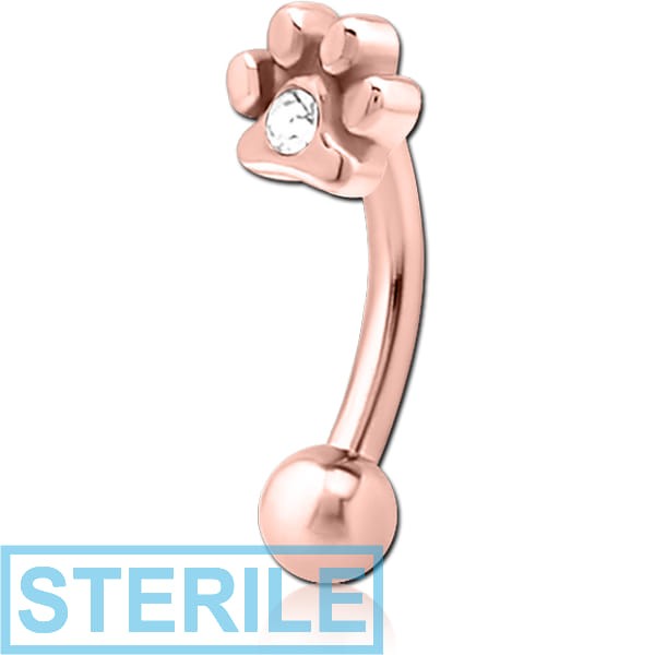 STERILE ROSE GOLD PVD COATED SURGICAL STEEL JEWELLED FANCY CURVED MICRO BARBELL - ANIMAL PAW CENTER GEM