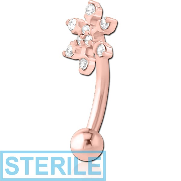 STERILE ROSE GOLD PVD COATED SURGICAL STEEL JEWELLED FANCY CURVED MICRO BARBELL - SNOWFLAKE