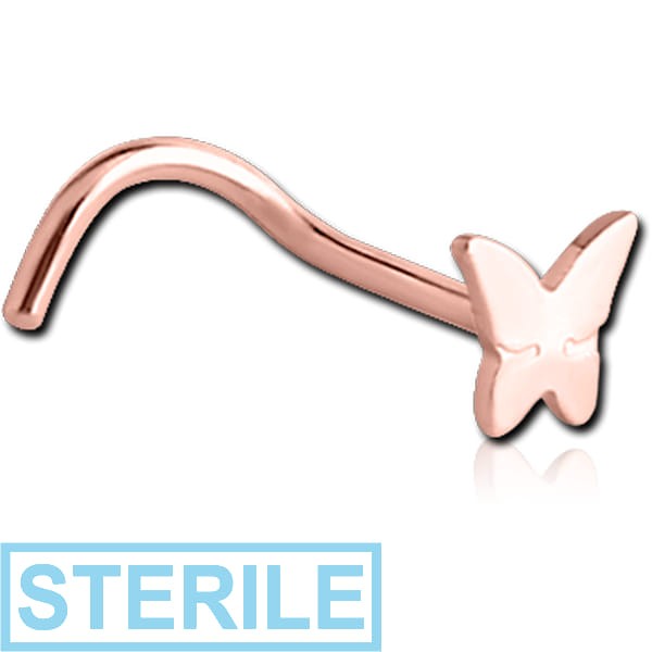 STERILE ROSE GOLD PVD COATED SURGICAL STEEL BUTTERFLY CURVED NOSE STUD