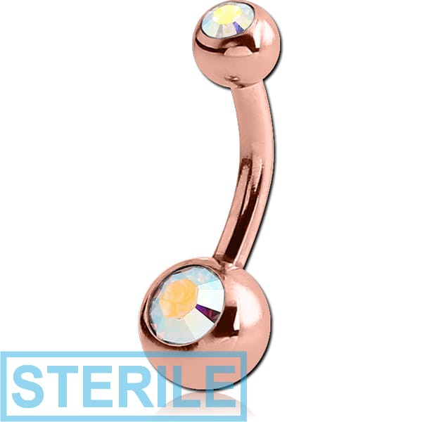 STERILE ROSE GOLD PVD COATED SURGICAL STEEL DOUBLE OPTIMA CRYSTAL HIGH END CRYSTAL MINI NAVEL BANANA