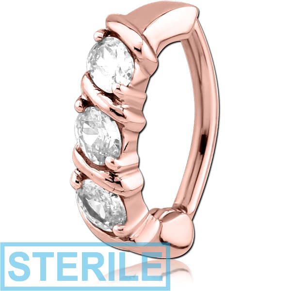 STERILE ROSE GOLD PVD COATED SURGICAL STEEL JEWELLED BELLY CLICKER - TRIPLE GEMS WITH LINES