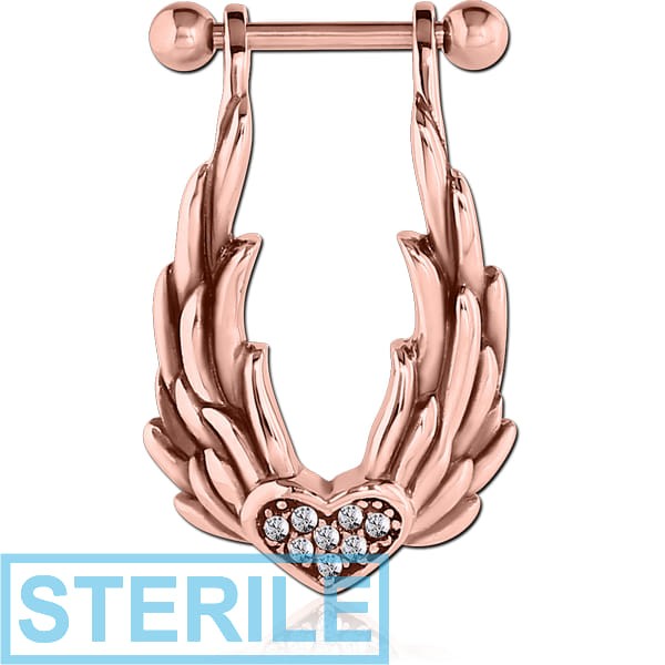 STERILE ROSE GOLD PVD COATED SURGICAL STEEL JEWELLED CARTILAGE SHIELD - HEART WITH WINGS