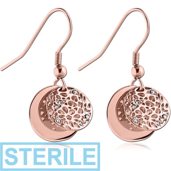 STERILE ROSE GOLD PVD COATED SURGICAL STEEL JEWELLED EARRINGS - TWO DISKS