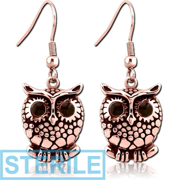 STERILE ROSE GOLD PVD COATED SURGICAL STEEL EARRINGS WITH ENAMEL - OWL