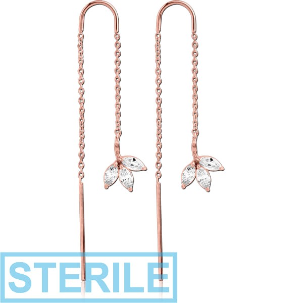 STERILE ROSE GOLD PVD COATED SURGICAL STEEL CHAIN JEWELLED EARRINGS PAIR - LEAF