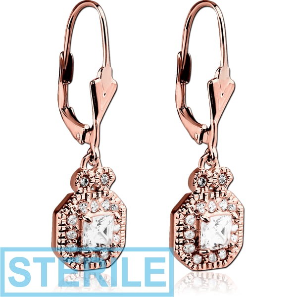 STERILE ROSE GOLD PVD COATED SURGICAL STEEL JEWELLED EARRINGS PAIR - OCTAGON
