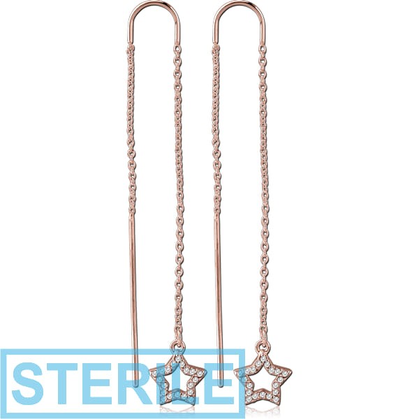 STERILE ROSE GOLD PVD COATED SURGICAL STEEL CHAIN JEWELLED EARRINGS PAIR - STAR