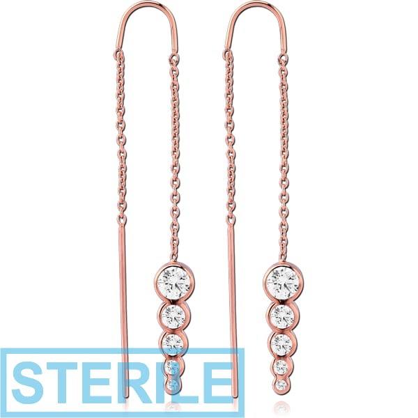 STERILE ROSE GOLD PVD COATED SURGICAL STEEL CHAIN JEWELLED EARRINGS PAIR - CIRCLES