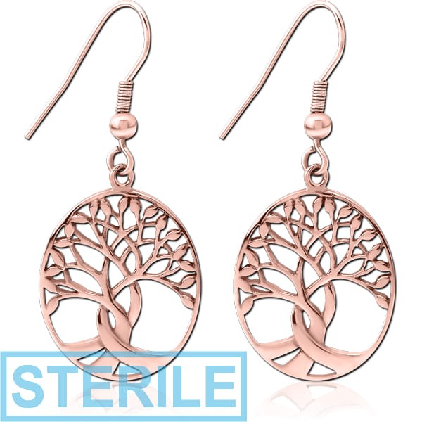 STERILE ROSE GOLD PVD COATED SURGICAL STEEL EARRINGS PAIR - TREE OF LIFE