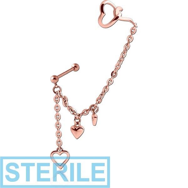 STERILE ROSE GOLD PVD COATED SURGICAL STEEL EAR CUFF - FOUR HEARTS