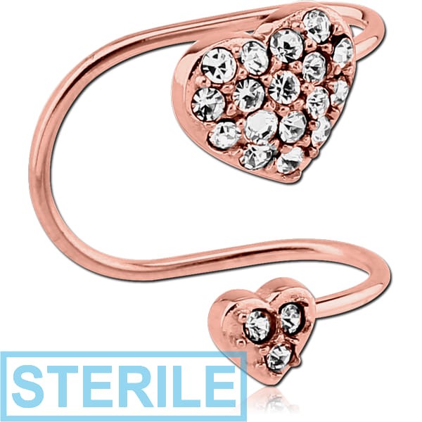 STERILE ROSE GOLD PVD COATED SURGICAL STEEL JEWELLED EAR CUFF - BIG AND SMALL HEARTS