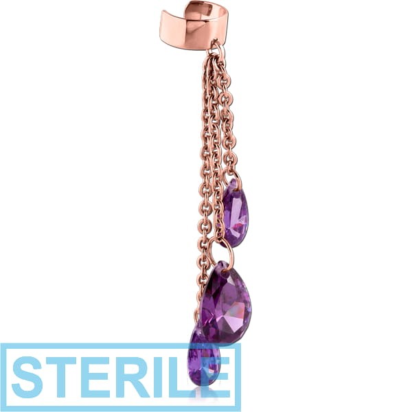 STERILE ROSE GOLD PVD COATED SURGICAL STEEL JEWELLED EAR CUFF - THREE DANGLING STONES