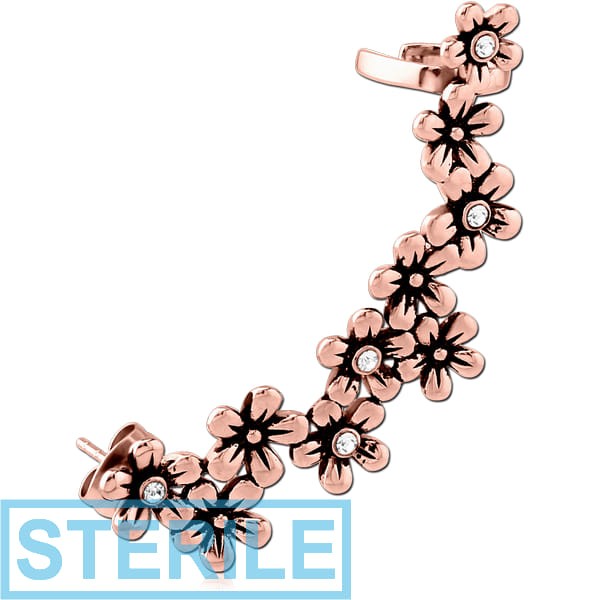 STERILE ROSE GOLD PVD COATED SURGICAL STEEL JEWELLED EAR CUFF - FLOWERS