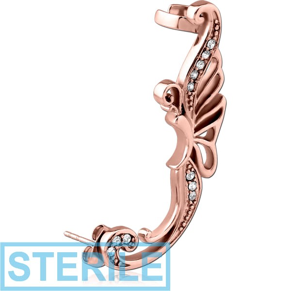STERILE ROSE GOLD PVD COATED SURGICAL STEEL JEWELLED EAR CUFF - BUTTERFLY