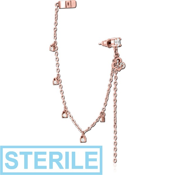 STERILE ROSE GOLD PVD COATED SURGICAL STEEL JEWELLED EAR CUFF - HEART AND LOCK