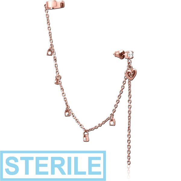 STERILE ROSE GOLD PVD COATED SURGICAL STEEL JEWELLED EAR CUFF - HEART AND LOCK