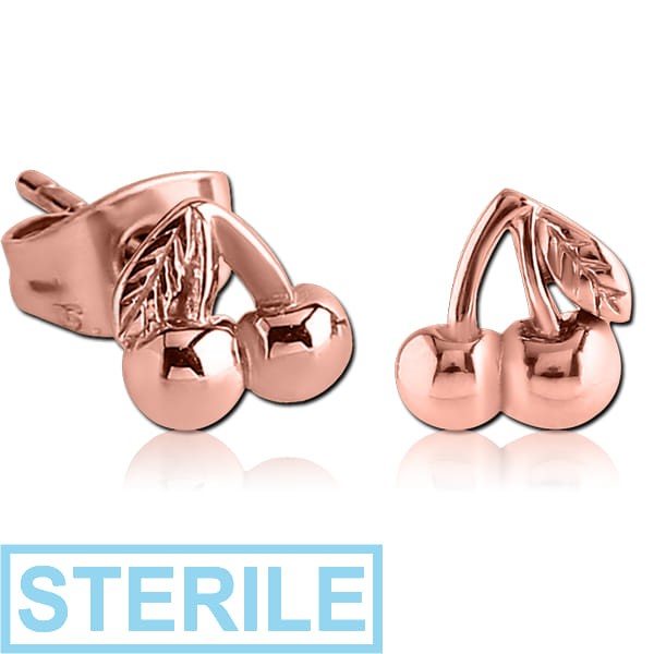 STERILE ROSE GOLD PVD COATED SURGICAL STEEL EAR STUDS PAIR - CHERRY
