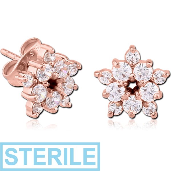 STERILE ROSE GOLD PVD COATED SURGICAL STEEL JEWELLED EAR STUDS PAIR - FLOWER