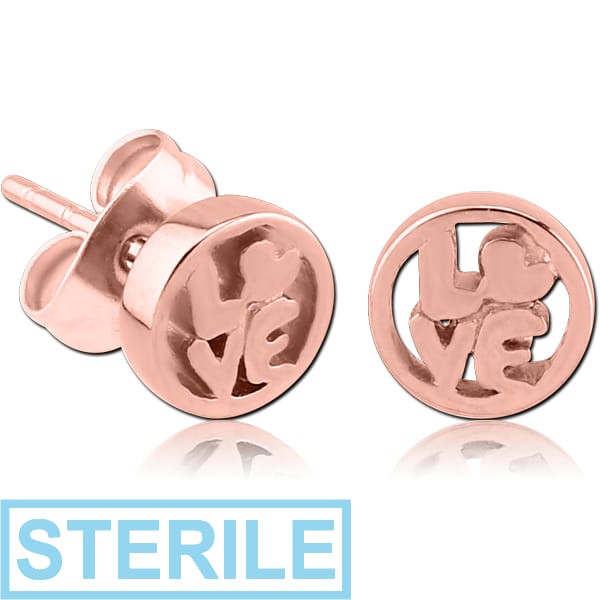 STERILE ROSE GOLD PVD COATED SURGICAL STEEL EAR STUDS PAIR - LOVE IN CIRCLE