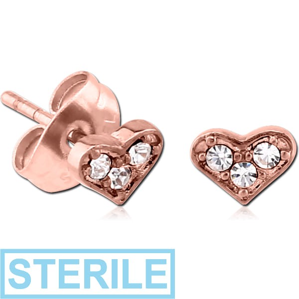 STERILE ROSE GOLD PVD COATED SURGICAL STEEL JEWELLED EAR STUDS PAIR - HEART