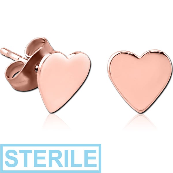 STERILE ROSE GOLD PVD COATED SURGICAL STEEL EAR STUDS PAIR - HEART FLAT