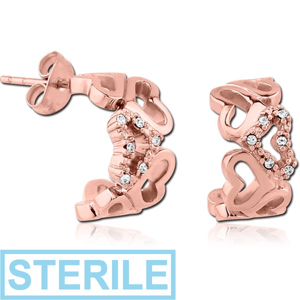 STERILE ROSE GOLD PVD COATED SURGICAL STEEL JEWELLED EAR STUDS PAIR - U SHAPE HEARTS