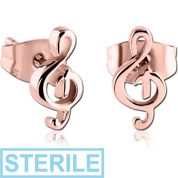 STERILE ROSE GOLD PVD COATED SURGICAL STEEL EAR STUDS PAIR - MUSIC NOTE