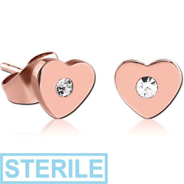 STERILE ROSE GOLD PVD COATED SURGICAL STEEL JEWELLED EAR STUDS PAIR - HEART