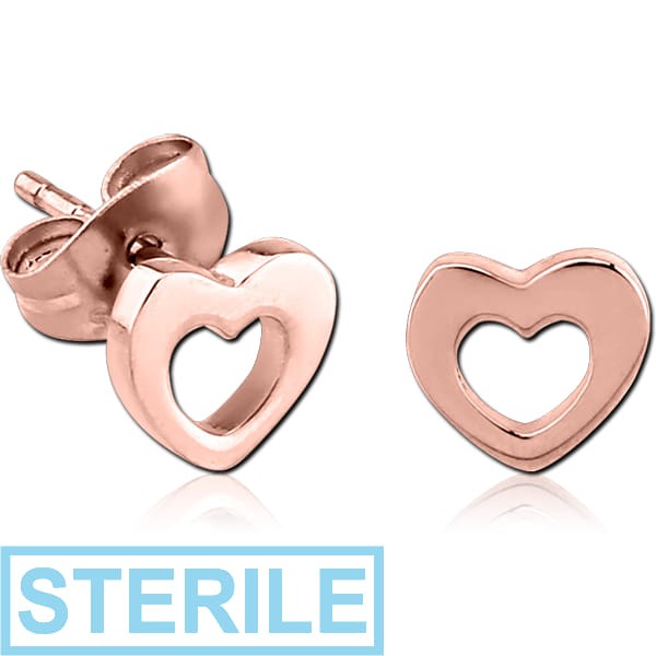 STERILE ROSE GOLD PVD COATED SURGICAL STEEL EAR STUDS PAIR - HEART