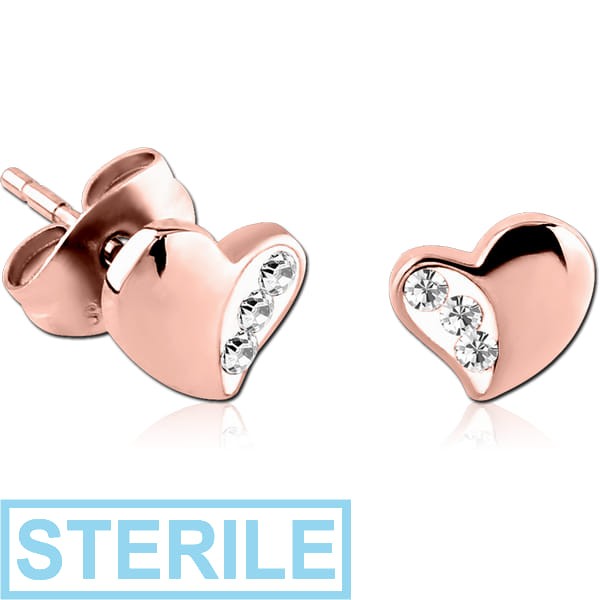 STERILE ROSE GOLD PVD COATED SURGICAL STEEL CRYSTALINE JEWELLED EAR STUDS PAIR - HEART