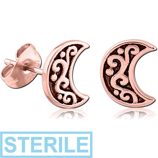 STERILE ROSE GOLD PVD COATED SURGICAL STEEL EAR STUDS PAIR - MOON