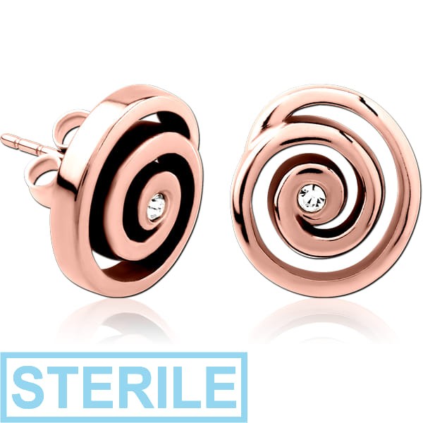 STERILE ROSE GOLD PVD COATED SURGICAL STEEL JEWELLED EAR STUDS PAIR - SPIRAL
