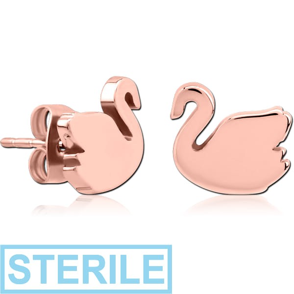 STERILE ROSE GOLD PVD COATED SURGICAL SURGICAL STEEL EAR STUDS PAIR - SWAN