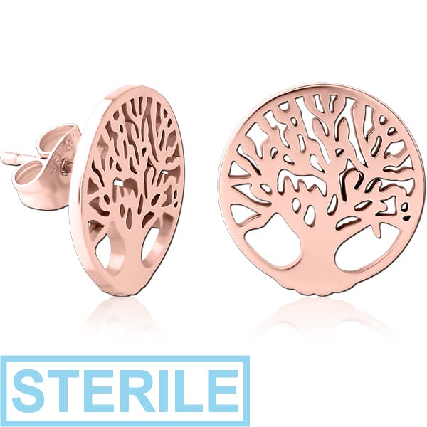 STERILE ROSE GOLD PVD COATED SURGICAL STEEL EAR STUDS - TREE
