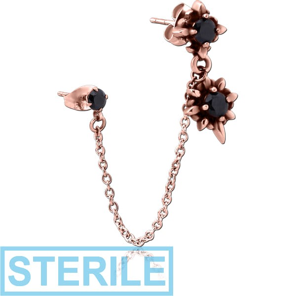 STERILE ROSE GOLD PVD COATED SURGICAL STEEL JEWELLED EAR STUDS WITH CONNECTING CHAIN