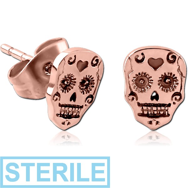STERILE ROSE GOLD PVD COATED SURGICAL STEEL EAR STUDS PAIR - FANCY SKULL