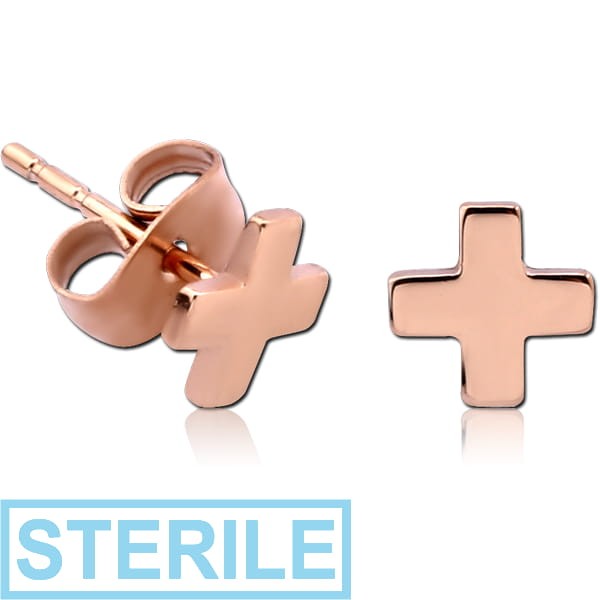 STERILE ROSE GOLD PVD SURGICAL STEEL EAR STUDS PAIR - CROSS