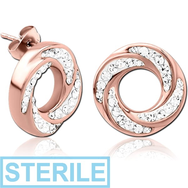 STERILE ROSE GOLD PVD COATED SURGICAL STEEL CRYSTALINE JEWELLED EAR STUDS PAIR - SPIRAL