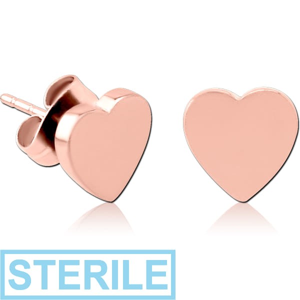 STERILE ROSE GOLD PVD COATED SURGICAL STEEL EAR STUDS PAIR - HEART FLAT