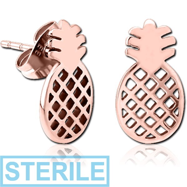 STERILE ROSE GOLD PVD COATED SURGICAL STEEL EAR STUDS PAIR - PINEAPPLE